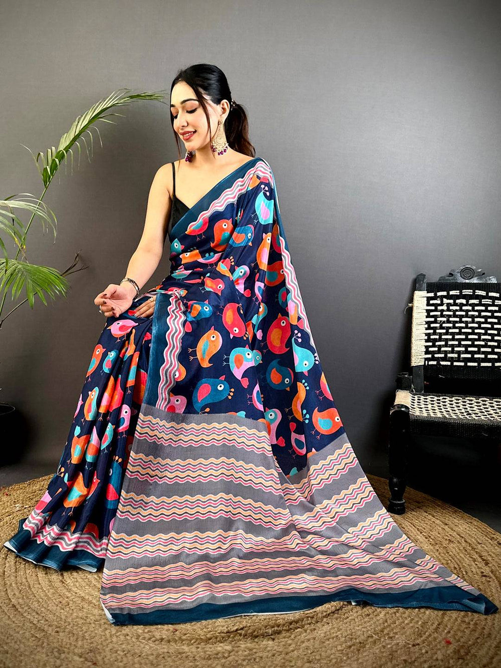 Navy Blue Printed Saree with Colorful Bird Motifs & Zigzag Border