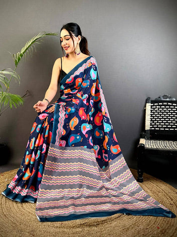 Navy Blue Printed Soft Silk Saree with Colorful Bird Motifs & Zigzag Pallu