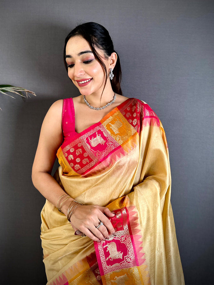 Cream Banarasi Silk Saree with Contrast Pink Ikat Border & Rich Zari Pallu