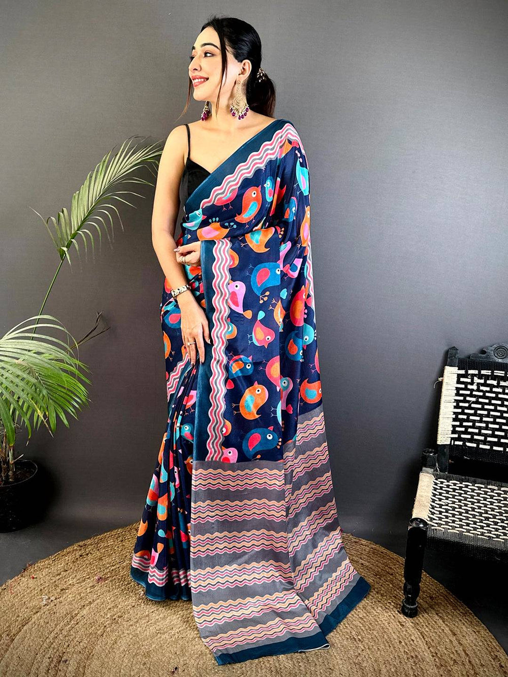 Navy Blue Printed Soft Silk Saree with Colorful Bird Motifs & Zigzag Pallu