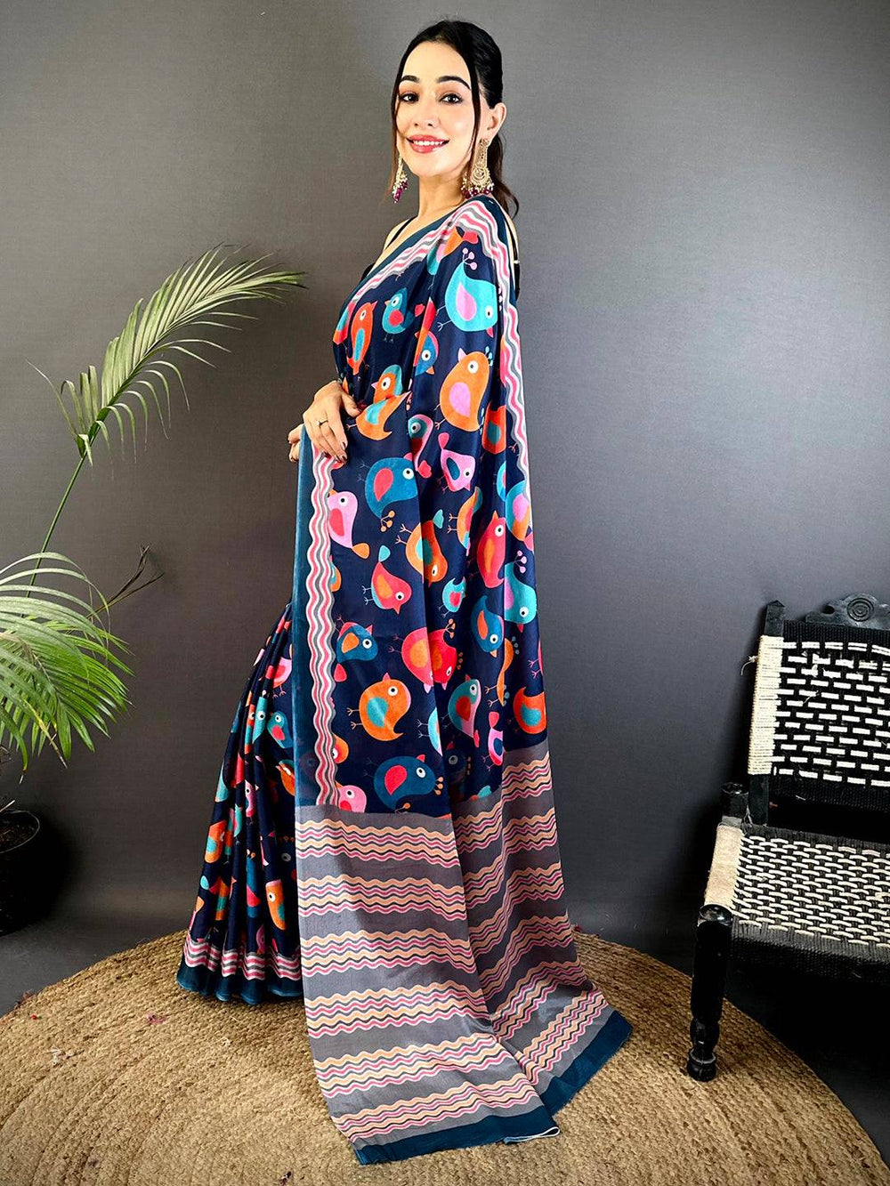 Navy Blue Printed Soft Silk Saree with Colorful Bird Motifs & Zigzag Pallu