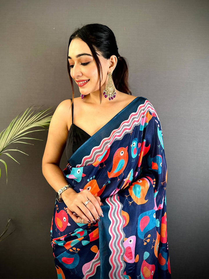 Navy Blue Printed Saree with Colorful Bird Motifs & Zigzag Border