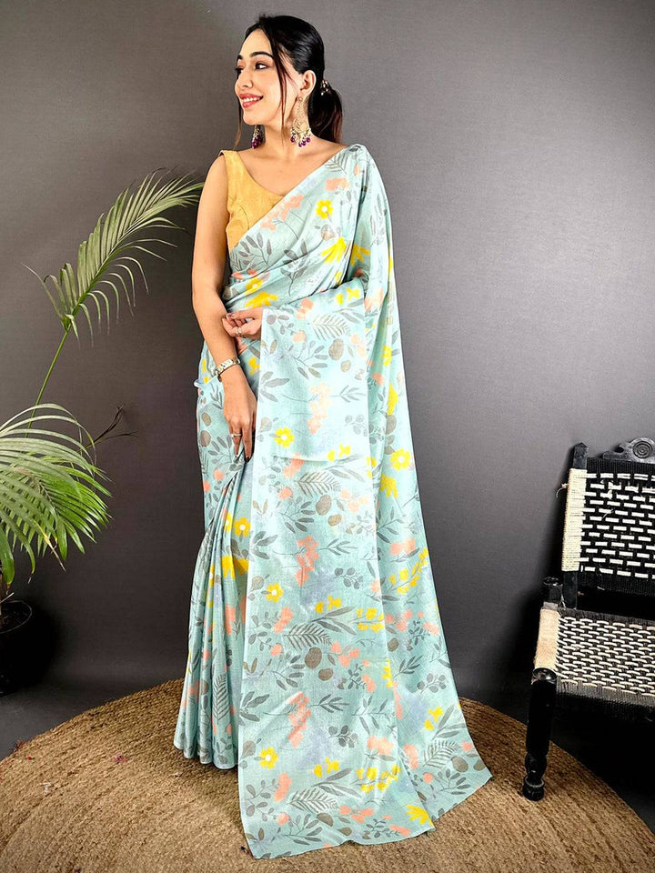 Mint Green Floral Printed Soft Silk Saree