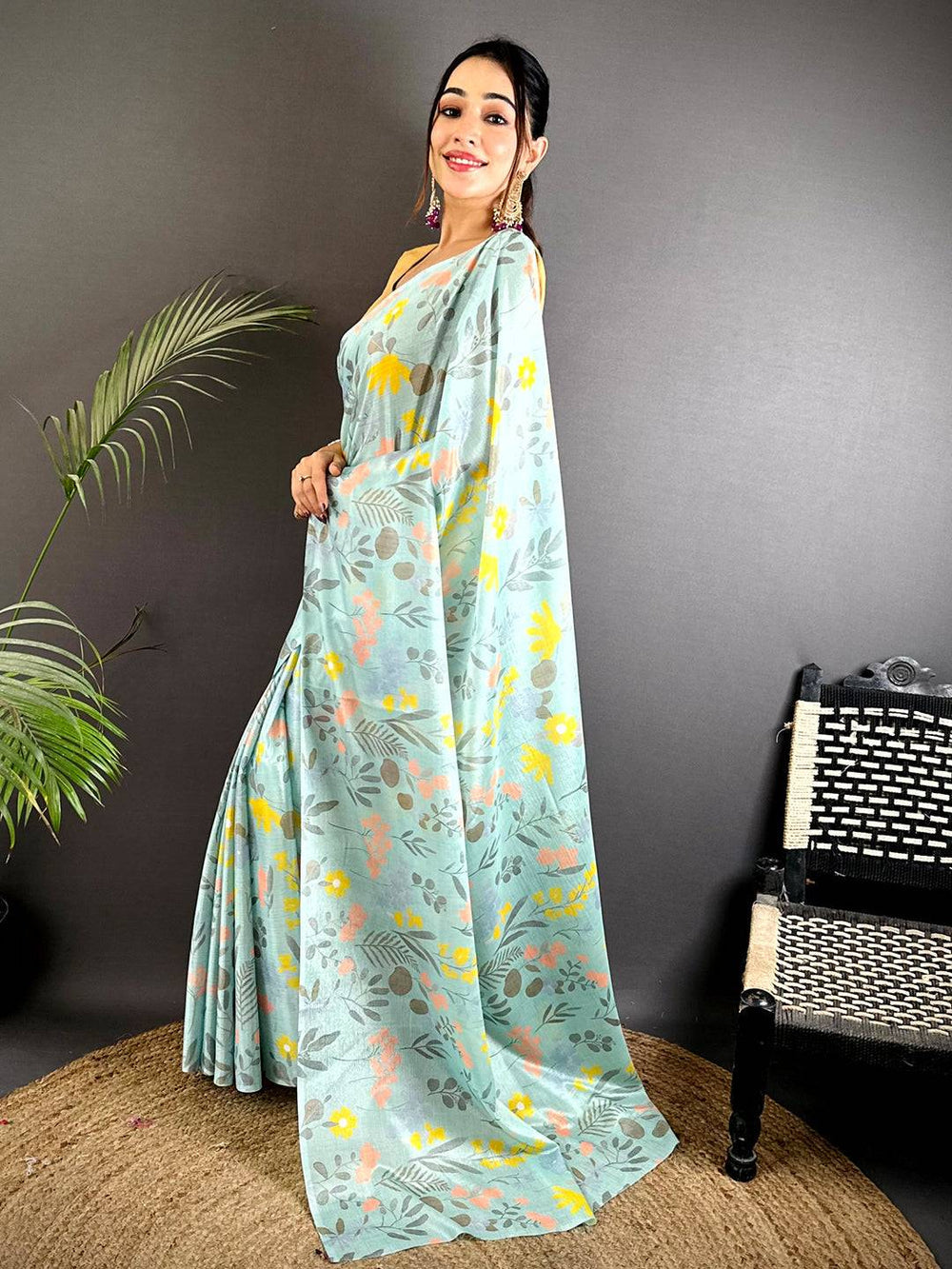 Premium Soft Linen Floral Printed Saree for Women