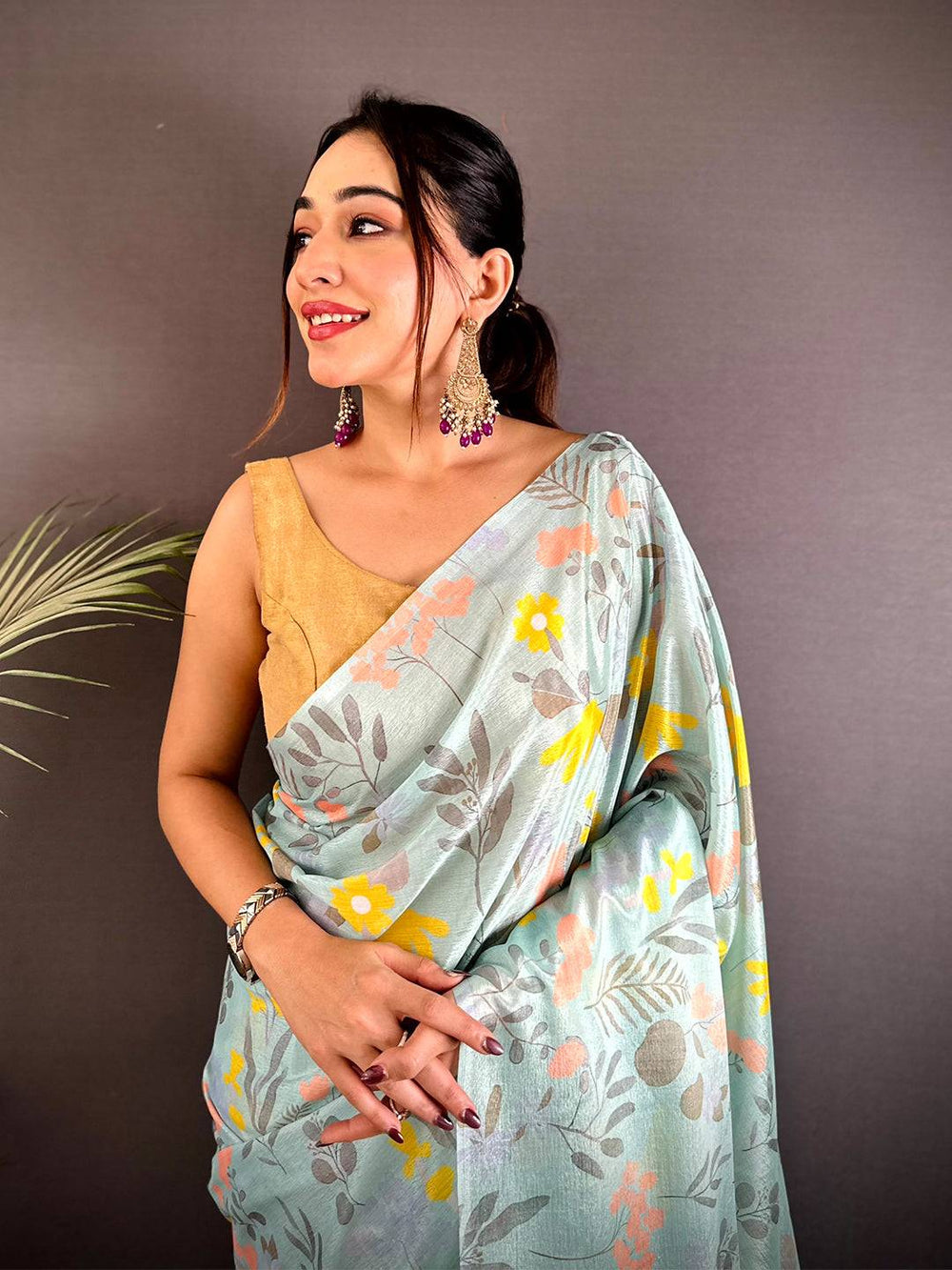 Mint Green Floral Printed Soft Silk Saree