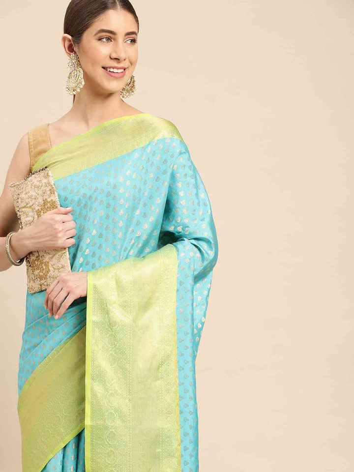Sky Blue & Lime Green Banarasi Silk Saree with Zari Weaving