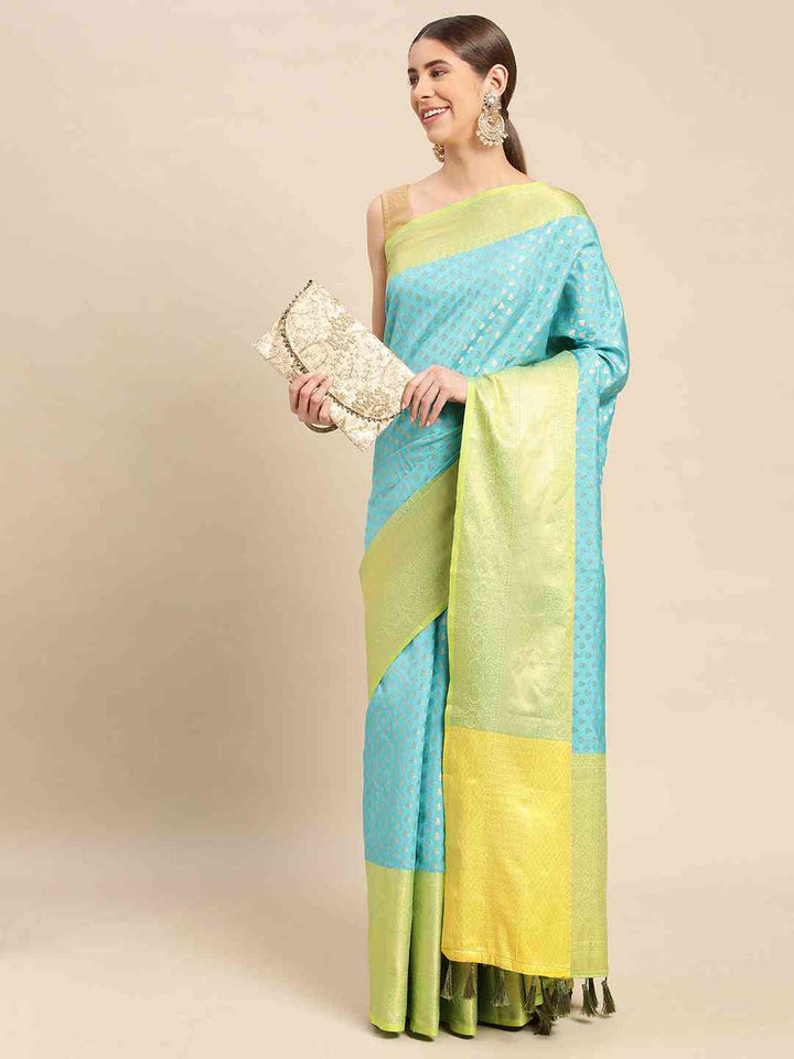 Banarasi Silk Saree for Women in Sky Blue & Lime Green