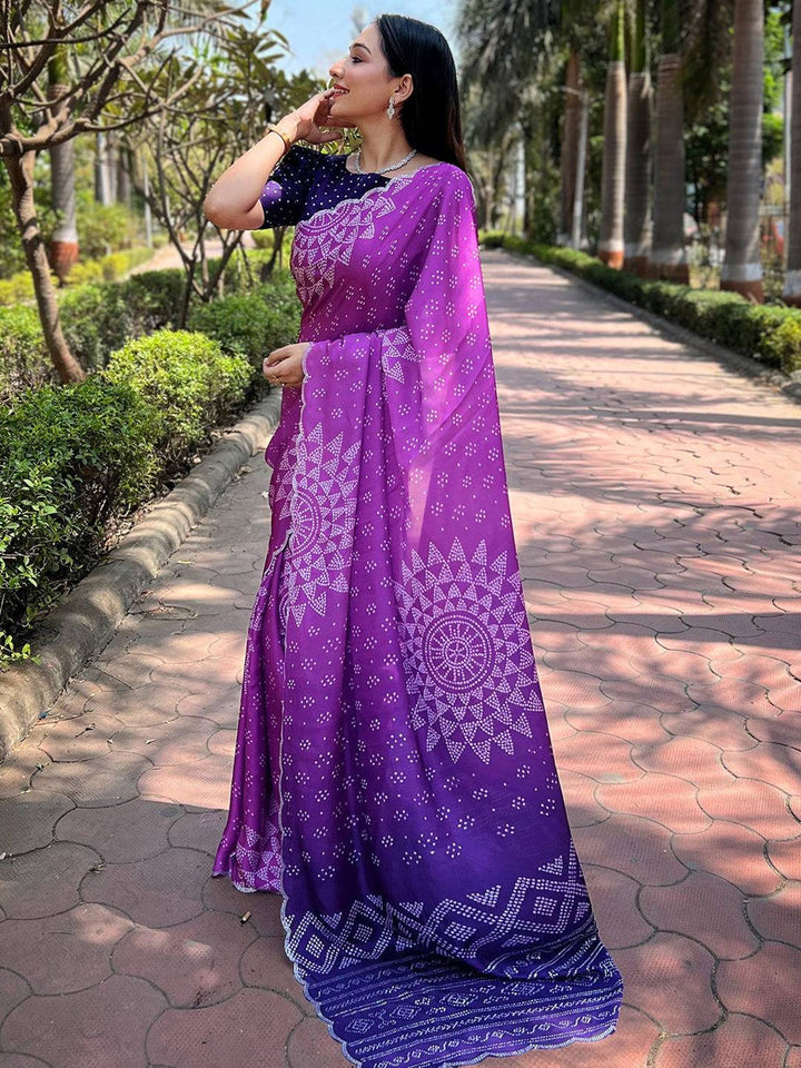 Purple Bandhani Print Georgette Saree with Contrast Border