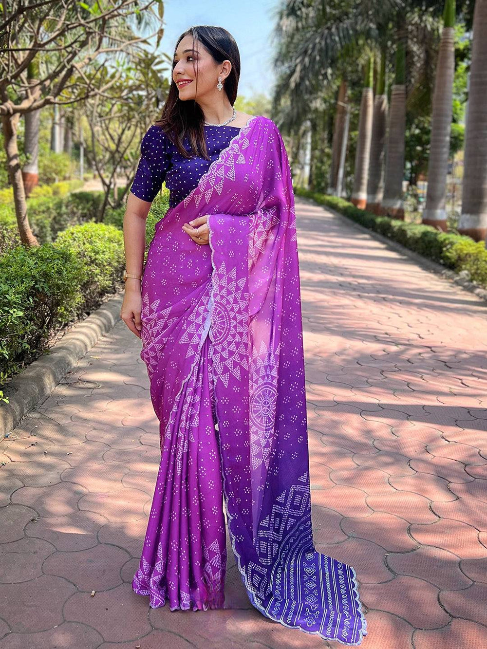 Purple Bandhani Print Georgette Saree with Contrast Border