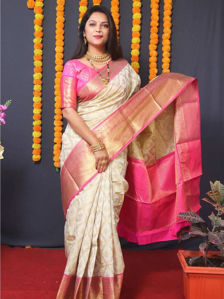 Cream & Pink Banarasi Saree with Rich Zari Weaving