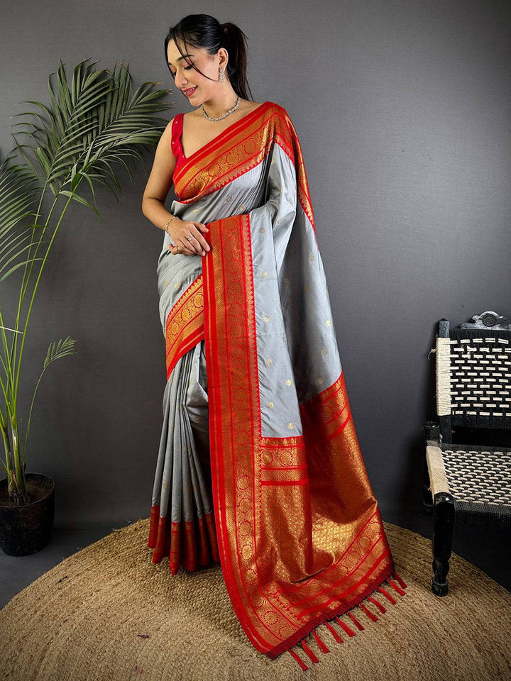Grey & Red Saree with Rich Zari Weaving Border & Pallu