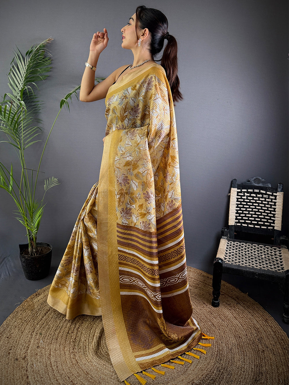 Mustard & Brown Linen Saree with Floral Print & Woven Border