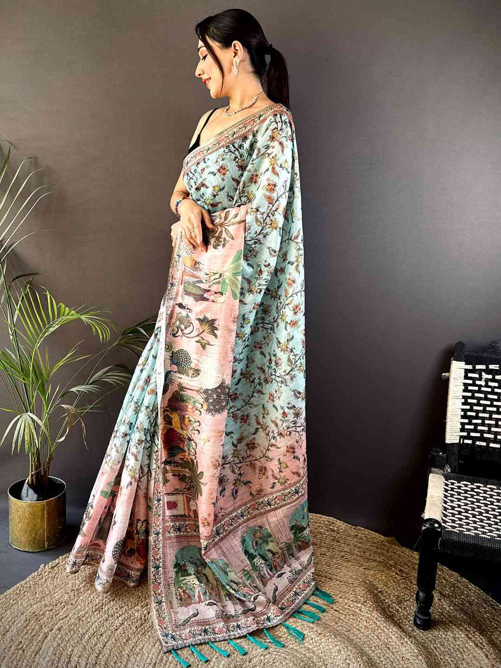 Mint Green & Peach Digital Print Silk Saree with Royal Mughal Artwork