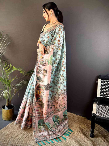 Mint Green & Peach Digital Print Silk Saree with Royal Mughal Artwork