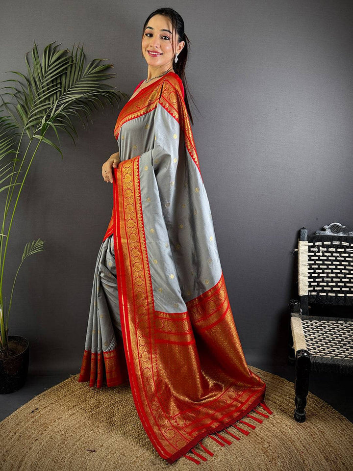 Grey & Red Saree with Rich Zari Weaving Border & Pallu