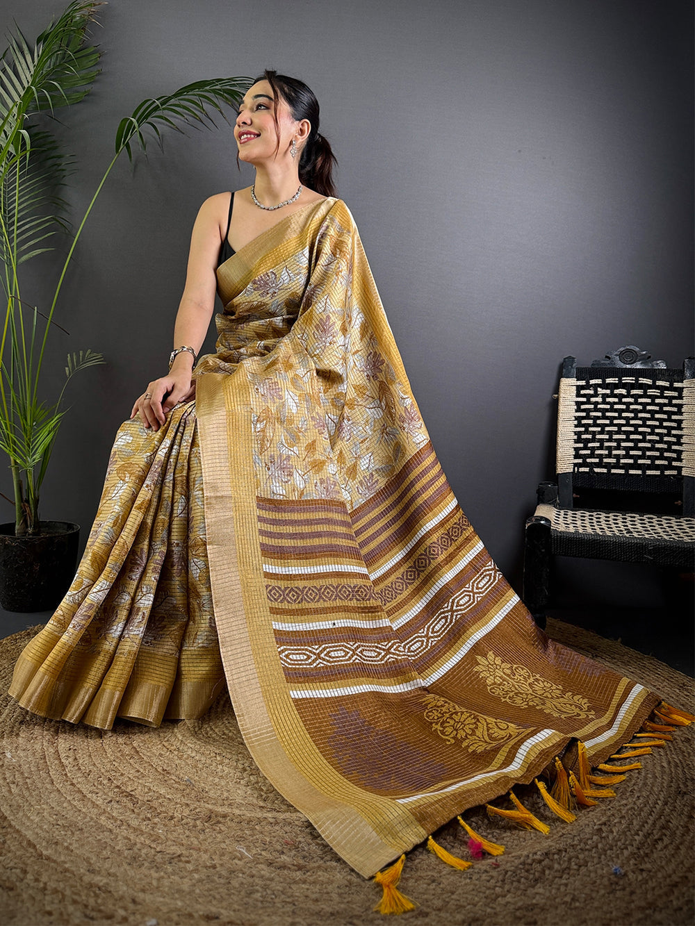 Mustard & Brown Linen Saree with Floral Print & Woven Border