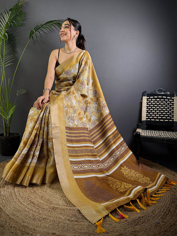 Mustard & Brown Linen Saree with Floral Print & Woven Border