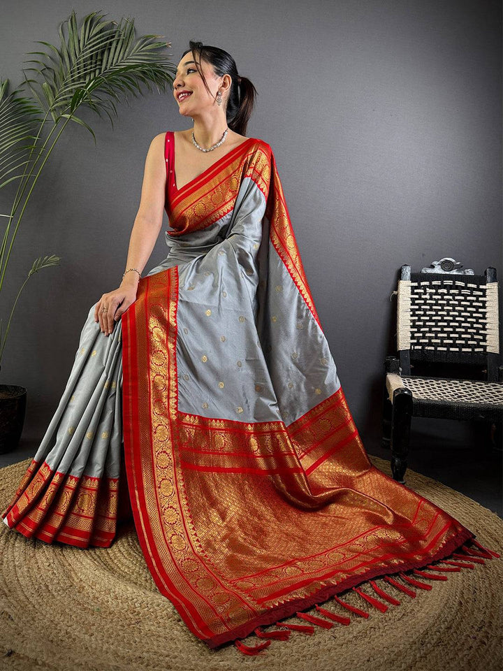 Grey & Red Saree with Rich Zari Weaving Border & Pallu