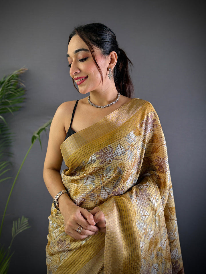 Mustard & Brown Linen Saree with Floral Print & Woven Border