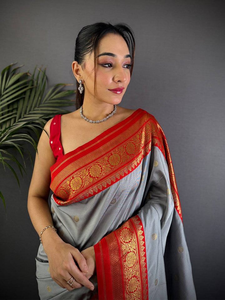 Grey & Red Saree with Rich Zari Weaving Border & Pallu