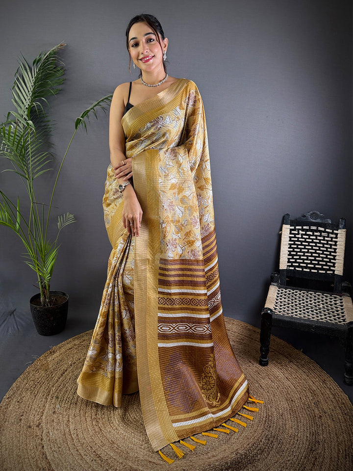 Mustard & Brown Linen Saree with Floral Print & Woven Border