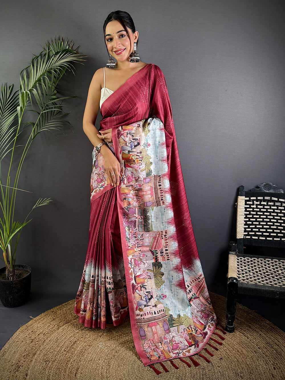 Maroon Printed Silk Saree with Royal Mughal Art Pallu & Tassels