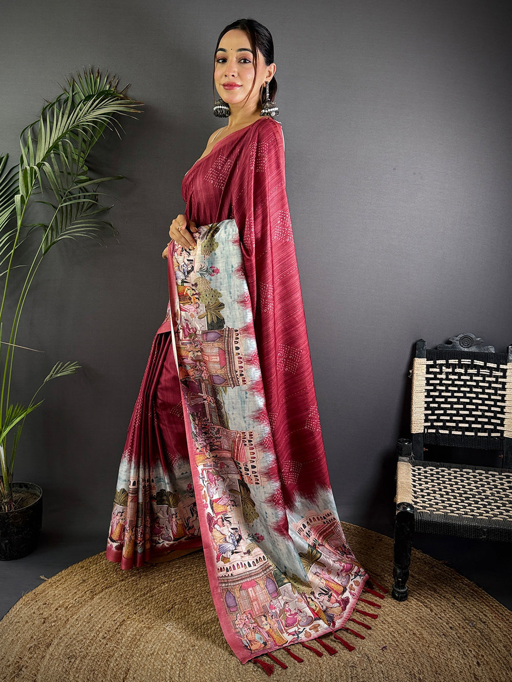 Maroon Printed Silk Saree with Royal Mughal Art Pallu & Tassels