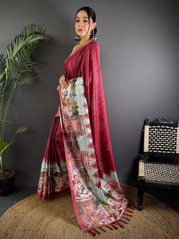 Maroon Printed Silk Saree with Royal Mughal Art Pallu & Tassels