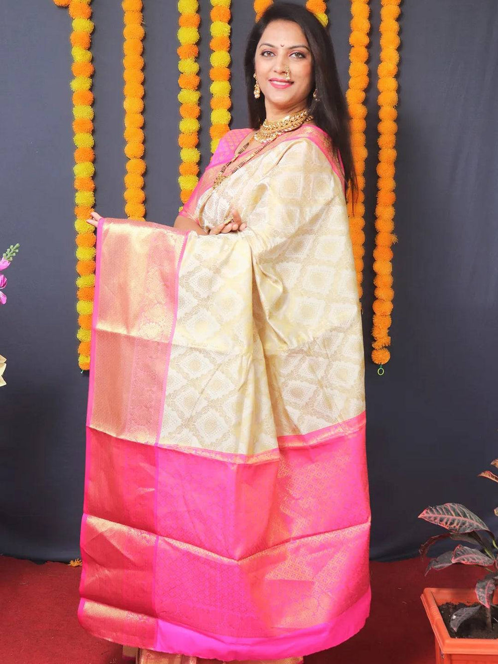 Cream & Pink Banarasi Saree with Rich Zari Weaving