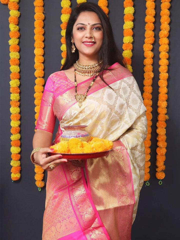 Cream & Pink Banarasi Saree with Rich Zari Weaving