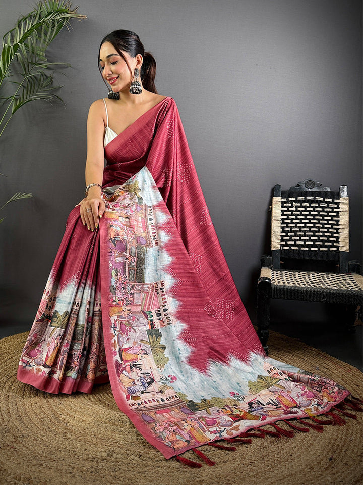 Maroon Printed Silk Saree with Royal Mughal Art Pallu & Tassels