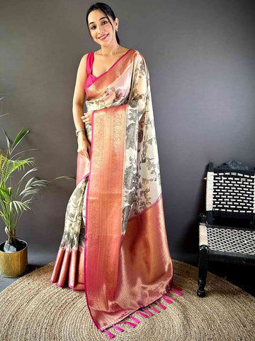 Peach & Cream Floral Printed Silk Saree with Zari Border and Tassels