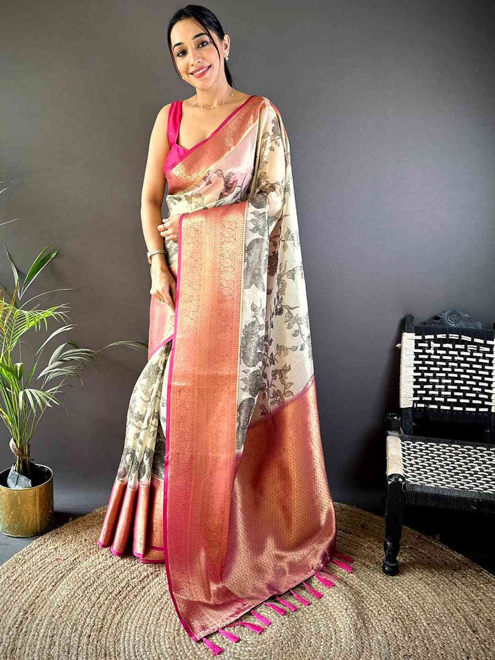 Peach & Cream Floral Printed Silk Saree with Zari Border and Tassels