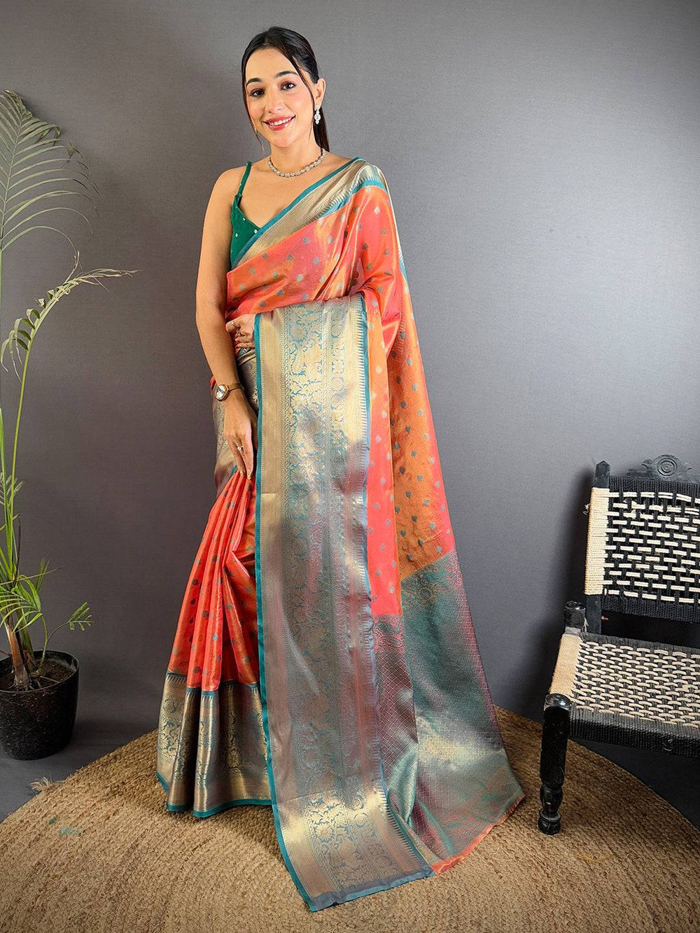 Orange & Teal Kanjivaram Banarasi Silk Saree with Golden Zari Weaving