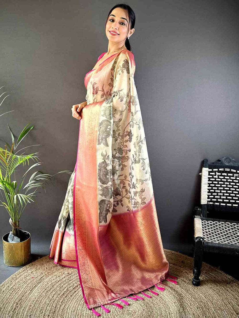 Peach & Cream Floral Printed Silk Saree with Zari Border and Tassels