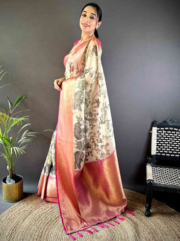 Peach & Cream Floral Printed Silk Saree with Zari Border and Tassels