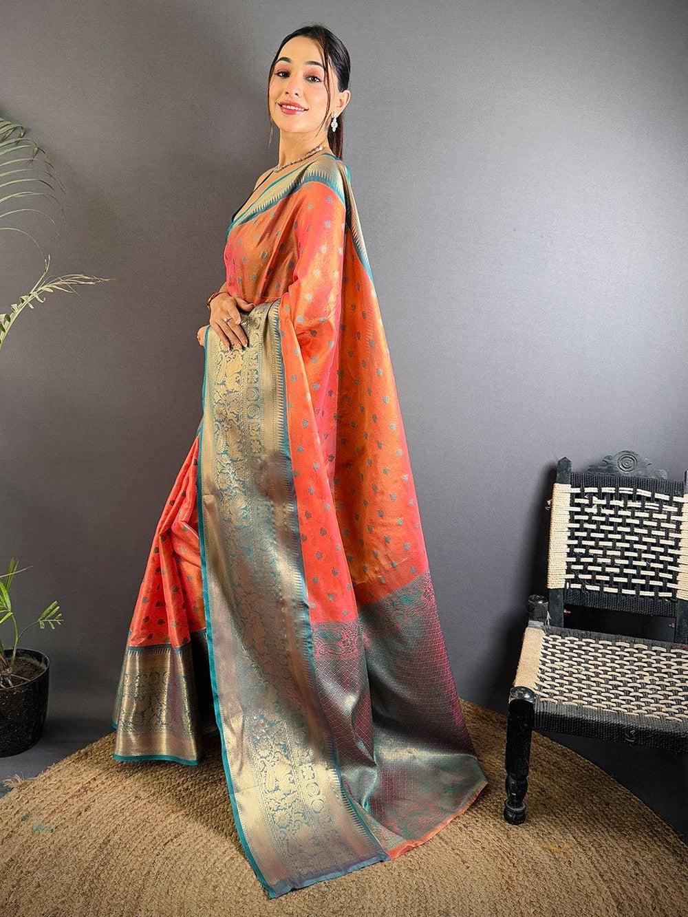 Orange & Teal Kanjivaram Banarasi Silk Saree with Golden Zari Weaving