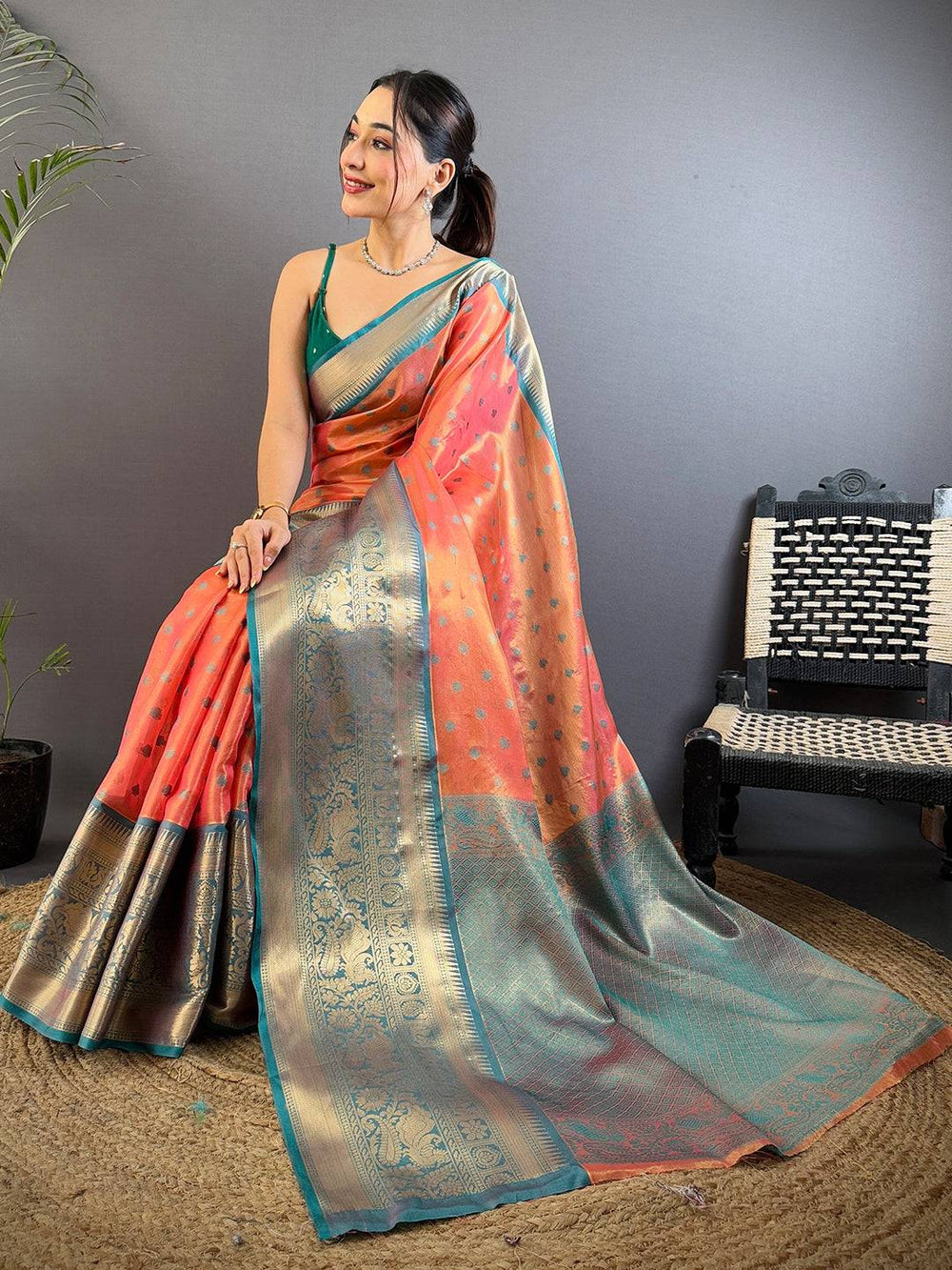 Orange & Teal Kanjivaram Banarasi Silk Saree with Golden Zari Weaving