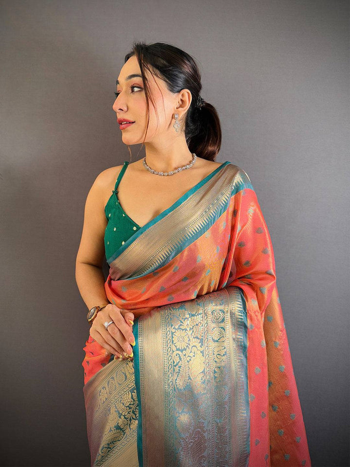 Orange & Teal Kanjivaram Banarasi Silk Saree with Golden Zari Weaving