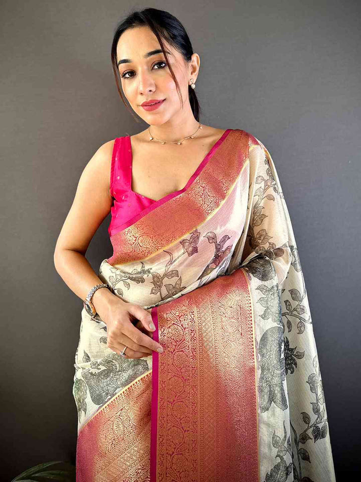 Peach & Cream Floral Printed Silk Saree with Zari Border and Tassels