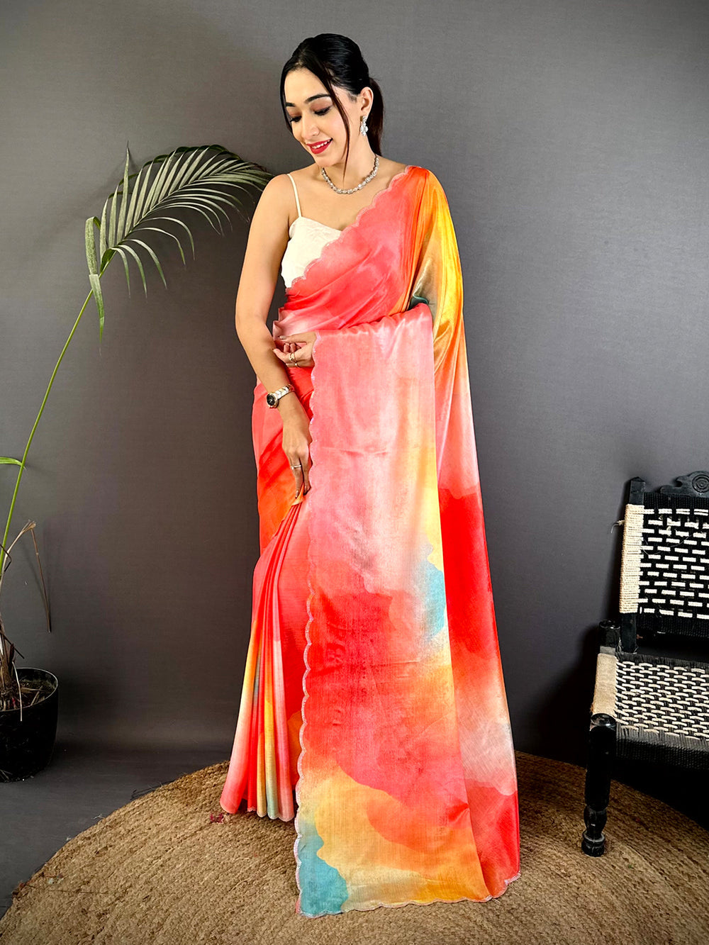 Premium Multicolor Watercolor Print Organza Saree for Women