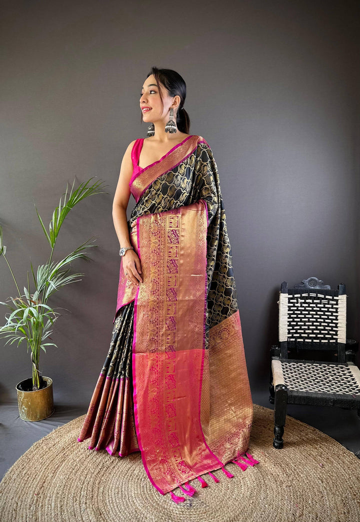 Black Banarasi Silk Saree with Pink Zari Pallu & Rich Golden Weaving