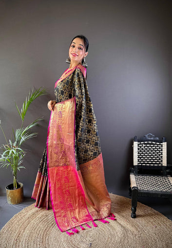 Black Banarasi Silk Saree with Pink Zari Pallu & Rich Golden Weaving