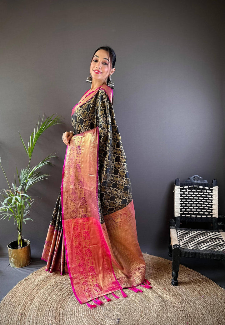 Black Banarasi Silk Saree with Pink Zari Pallu & Rich Golden Weaving