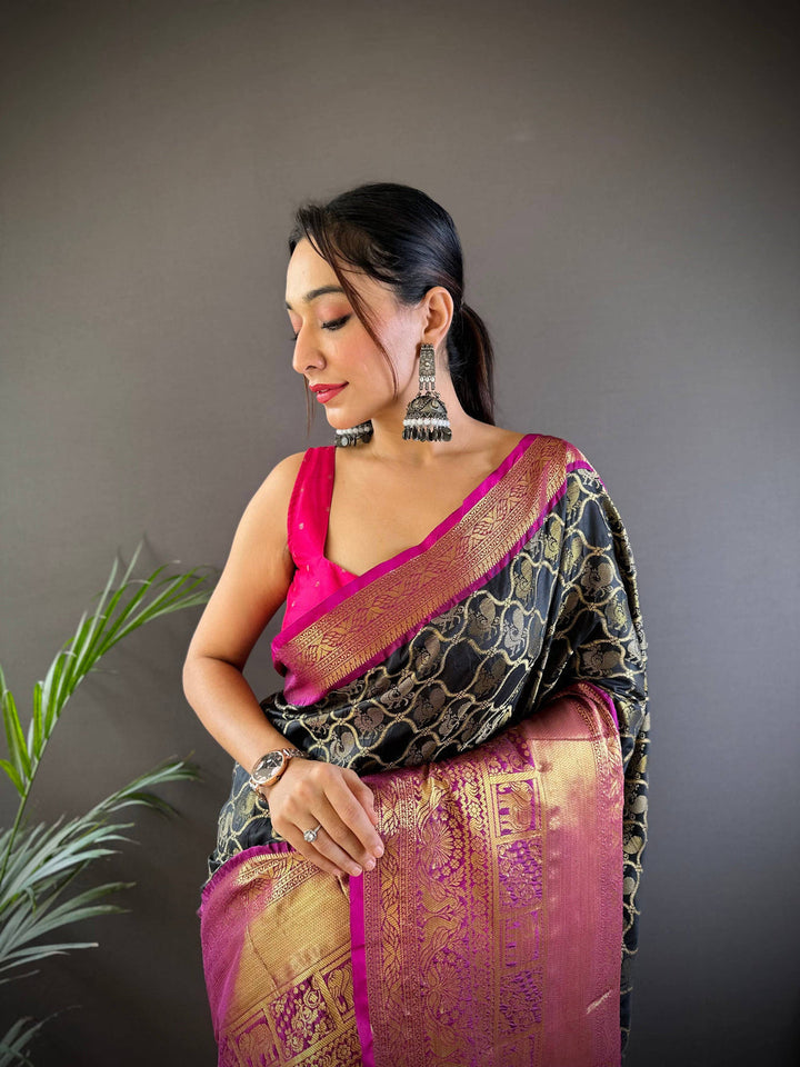Black Banarasi Silk Saree with Pink Zari Pallu & Rich Golden Weaving