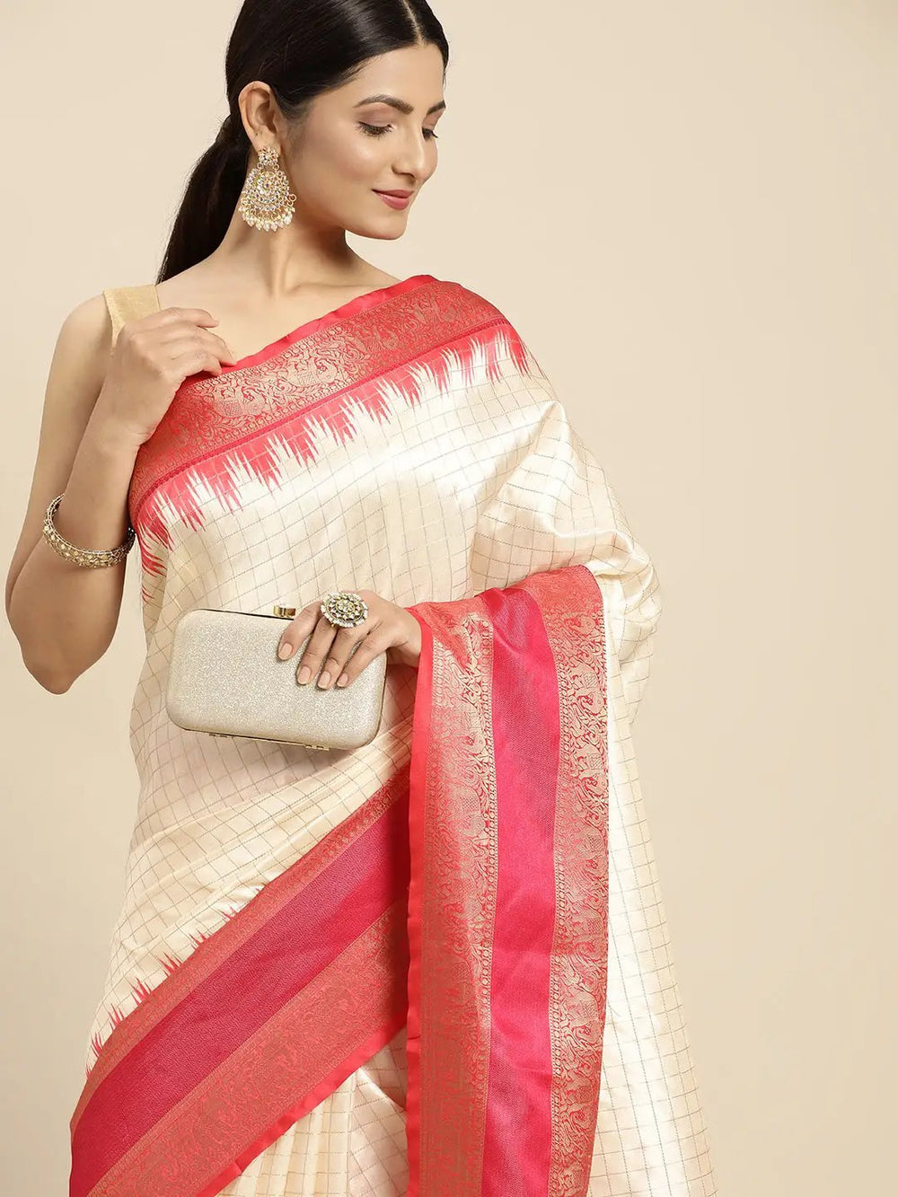 Cream & Pink Banarasi Silk Saree with Rich Zari Weaving