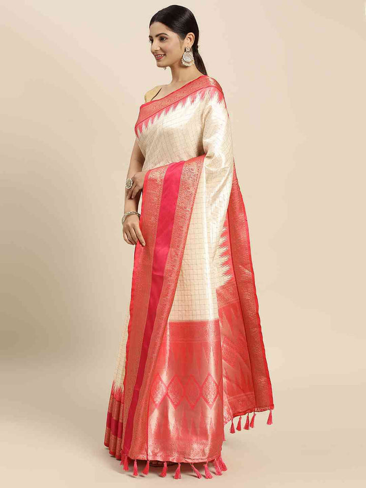 Cream & Pink Banarasi Silk Saree with Rich Zari Weaving
