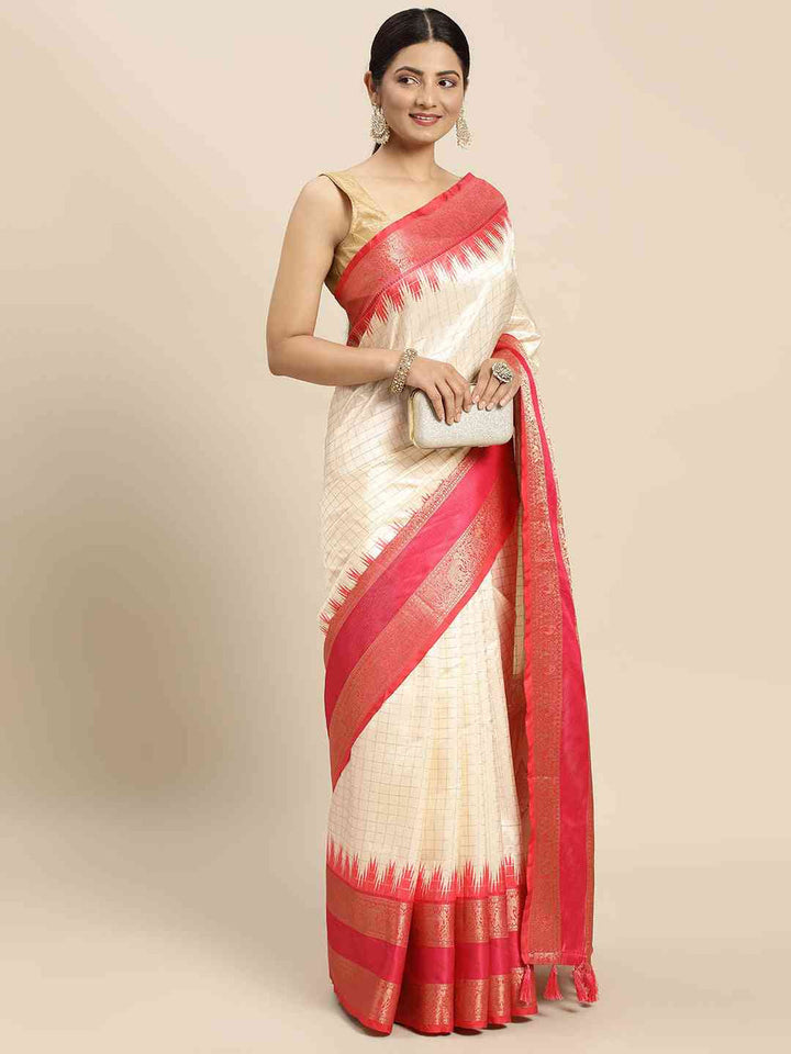Cream & Pink Banarasi Silk Saree with Rich Zari Weaving
