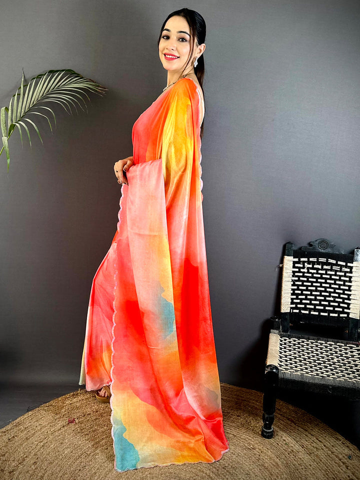 Premium Multicolor Watercolor Print Organza Saree for Women