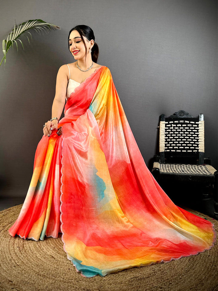 Premium Multicolor Watercolor Print Organza Saree for Women